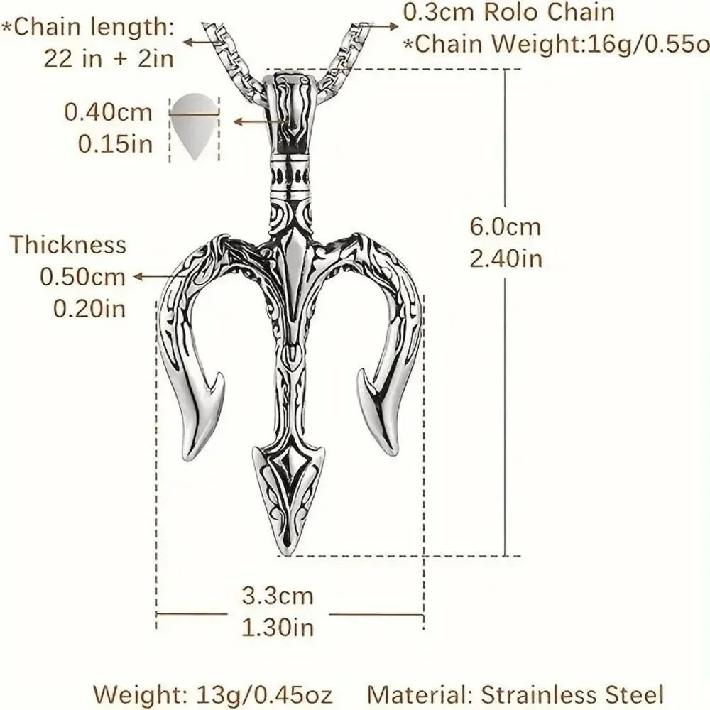 Men's Nordic Viking Amulet Poseidon Trident Stainless Steel Pendant Necklace